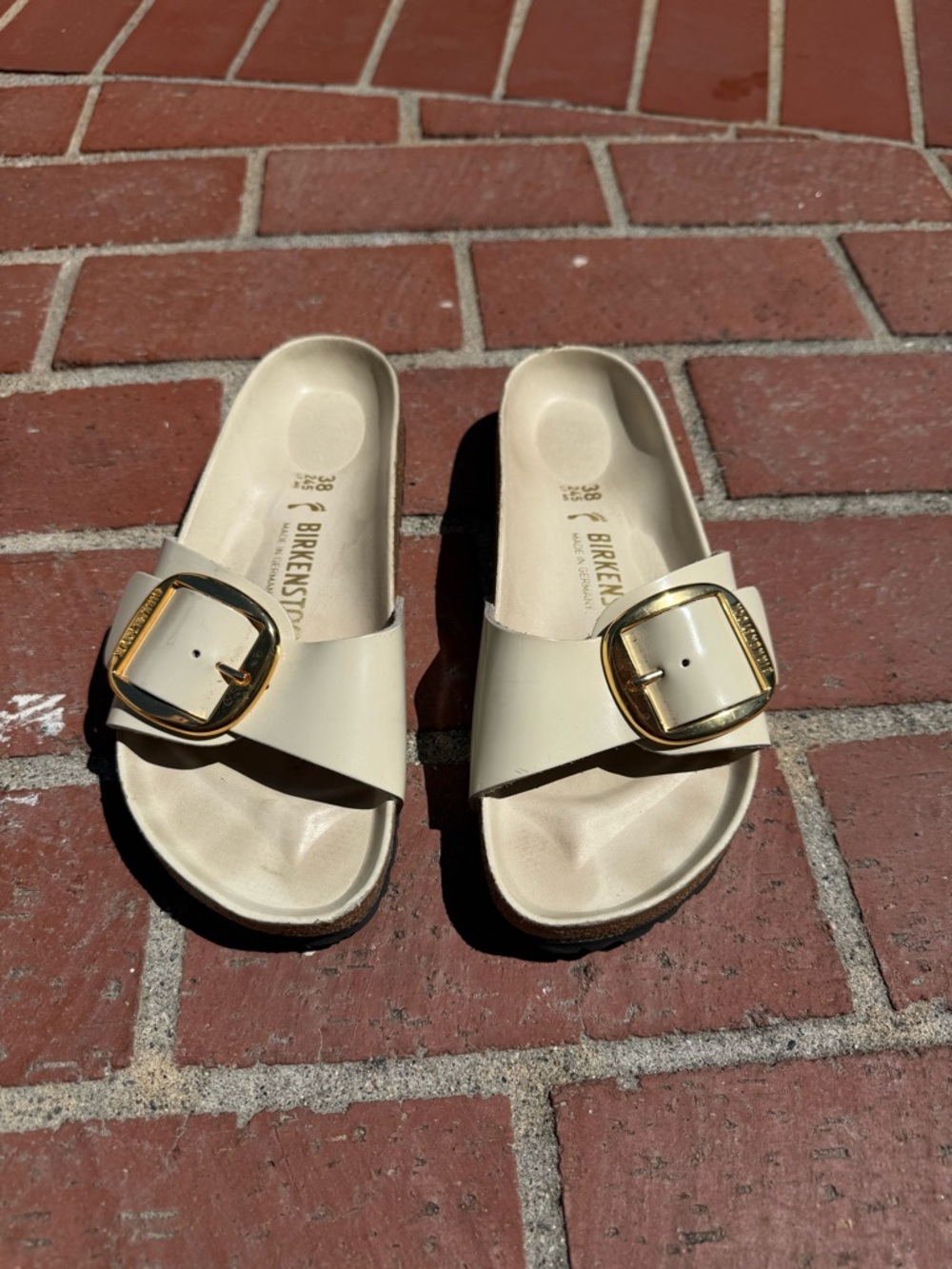 Birkenstock Madrid Big Buckle Slide — Cream with Gold Hardware